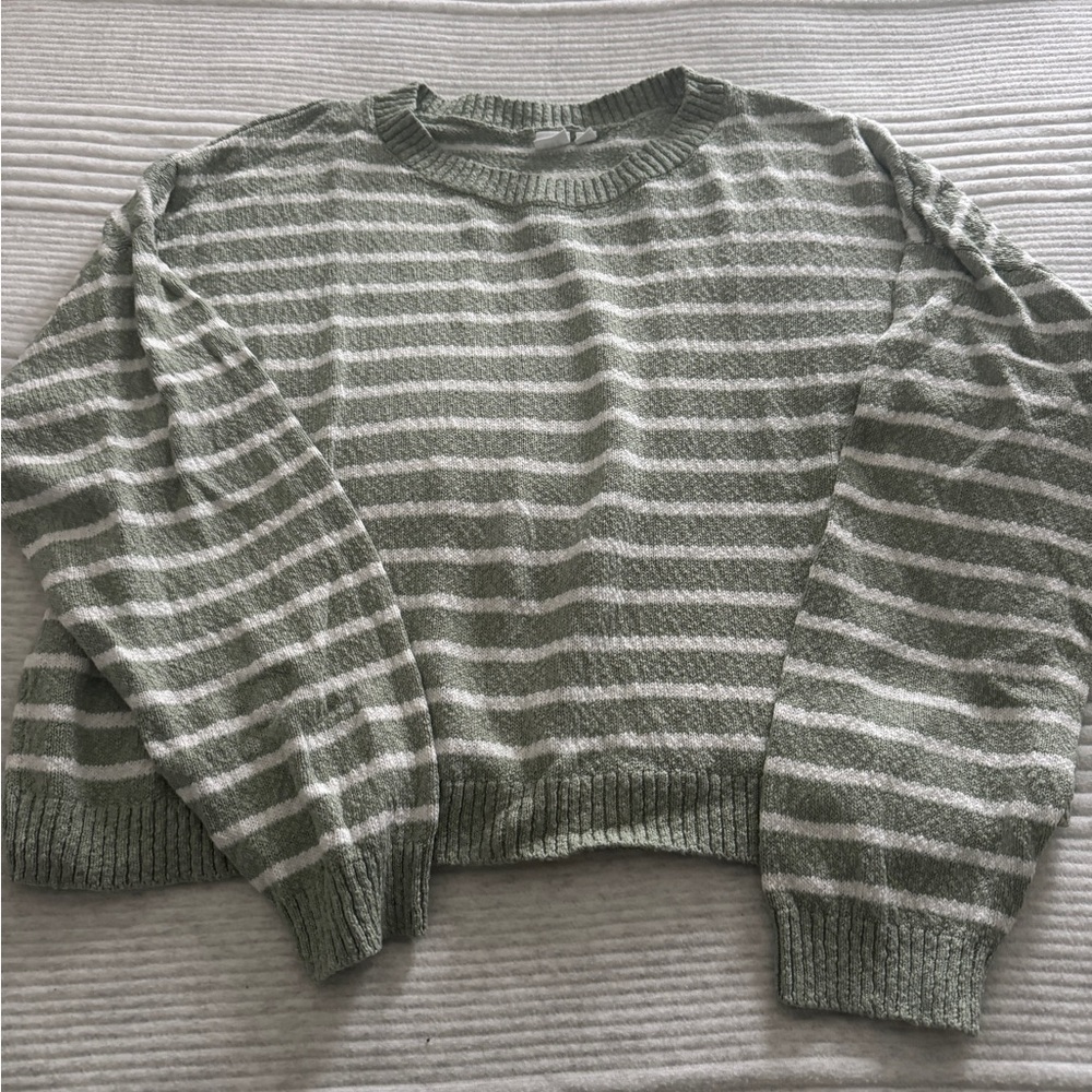 GAP Sage and White Striped Cotton Slub Knit Sweater